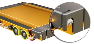 „3D Pallet Shuttle“ vežimėlyje sumontuoti 4 kreipiamieji tarpueilių ratukai