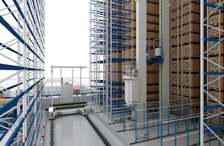 Automatiniai aukštųjų stelažų krautuvai padėklamsnaudoja perkėlimo tiltą takams keisti