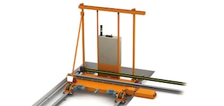 Perkėlimo tiltas perkelia aukštųjų stelažų krautuvą padėklams iš vieno tako į kitą