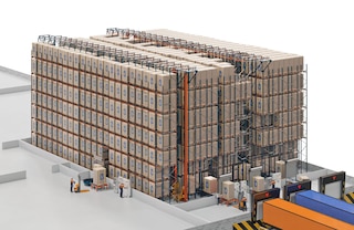 Naudojant automatinę Pallet shuttle sistemą kroviniai gali būti įvežami ir išvežami pro priekinius konvejerius ir šonus