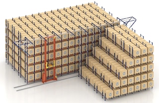 Automatinis aukštųjų stelažų krautuvas padėklams juda tarpueiliu vertikaliai ir horizontaliai, transportuodamas Shuttle vežimėlį bei krovinį