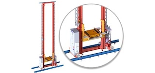 Automatinis aukštųjų stelažų krautuvas padėklams važiuoja aukštyn ir žemyn darbiniu tarpueiliu