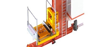 Shuttle vežimėlis padėtas ant automatinio aukštųjų stelažų krautuvo kėlimo lovelio