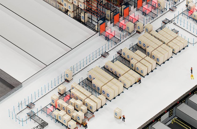 Elektrinė bėginė vežimėlių sistema sudaryta iš savaeigių vežimėlių, transportuojančių padėklus