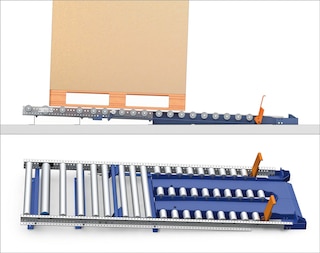 Naudojant padėklų judėjimo kanalus grindų lygyje, prekes galima iškrauti padėklų krautuvais