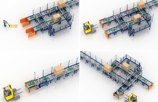 Į padėklų konvejerį galima integruoti ergonomiškus padėklų komplektavimo punktus