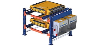 Pakrovimo konstrukcijoje laikomi ir įkraunami Pallet Shuttle vežimėliai