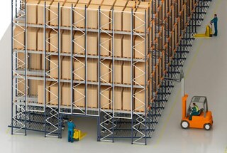 Pallet Shuttle sistema su gravitaciniais paletiniais stelažais apatiniuose lygiuose
