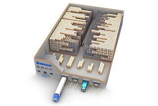 Pallet Shuttle sistema su vienu praėjimu ir abiejose pusėse išdėstytais stelažais